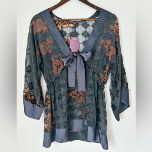 Hale Bob Gold & Craft Burnout Velvet Floral Tie-Front Tunic Top Boho Chic L